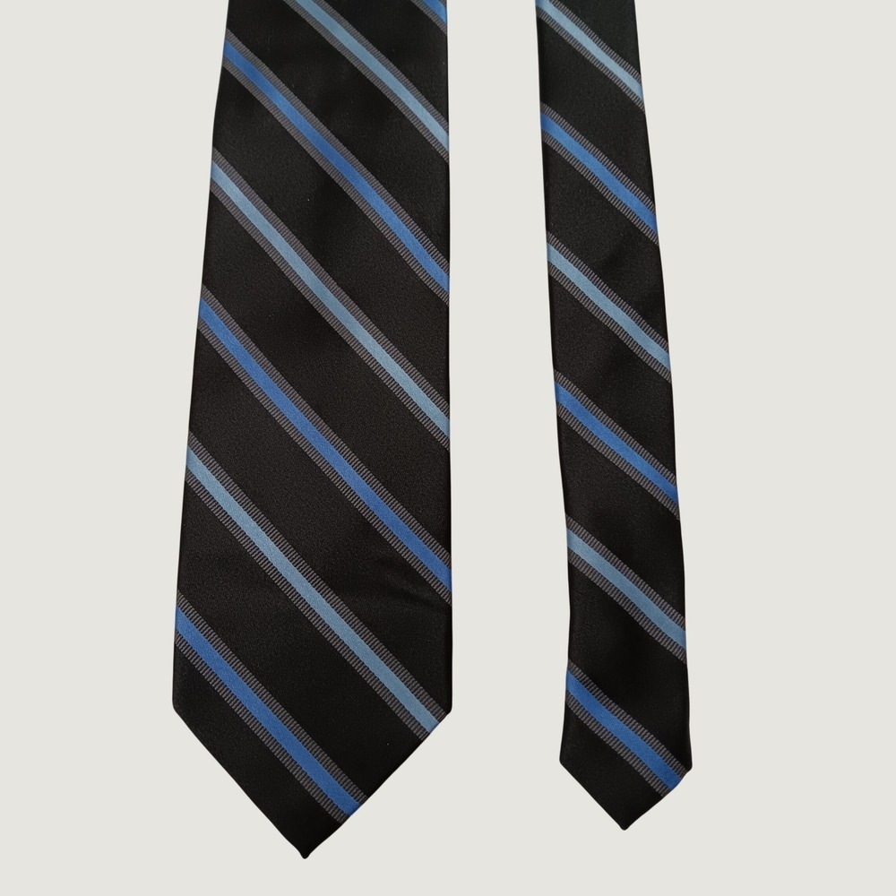 Stafford Mens Silk Necktie Black Blue Diagonal Striped Hand Made Classic Tie